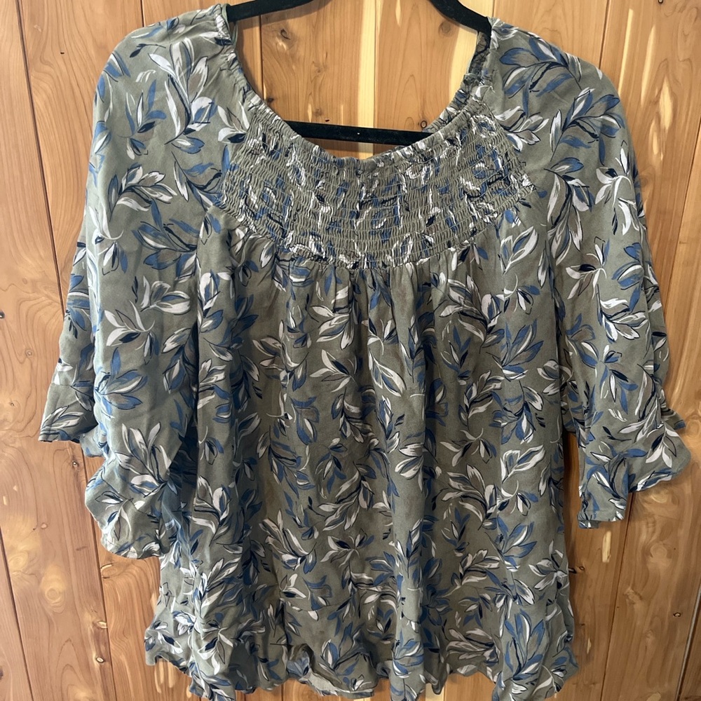 Blue and Gray Smocked Relaxed Blouse